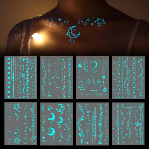 Tatuajes temporales luminosos azules que brillan en la oscuridad, festival de música, tatuajes de luna, impermeable, planeta estrella, tatuaje falso