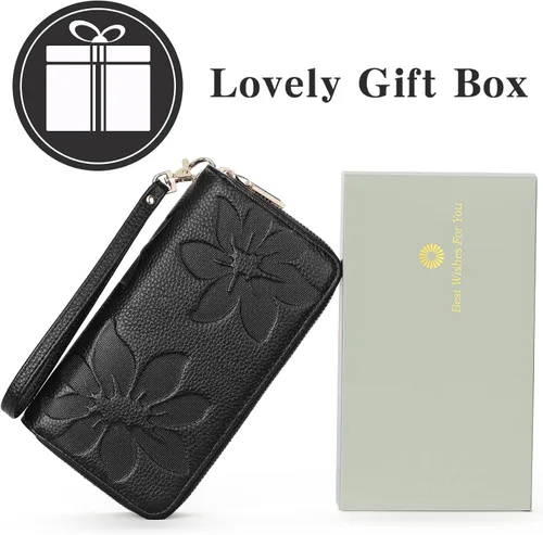 Miniatura 5 de GOIACII Cartera de mujer de gran capacidad con doble cremallera para mujer, soporte para teléfono con bloqueo RFID, correa de cuero