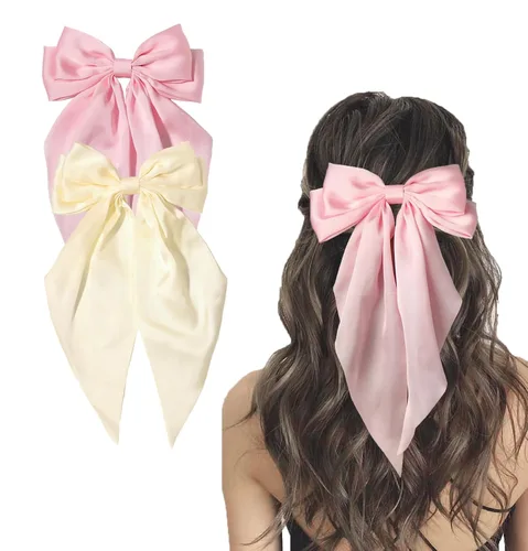 Miniatura 15 de Furling Pompoms Pinza para el Cabello Lazos para el Cabello, 2 piezas Lazos Grandes de Satén Beige/Negro para Mujeres y Niñas, Pasadores