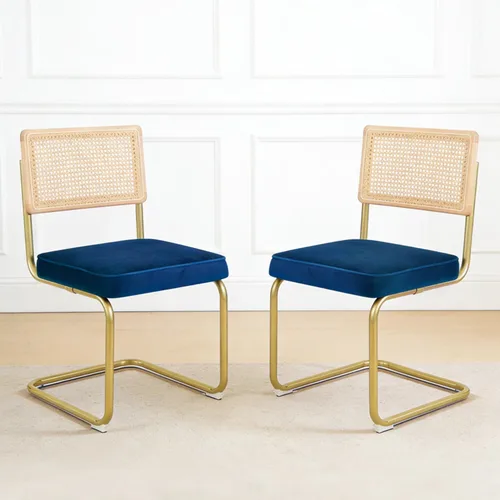 Miniatura 2 de CangLong Juego de 2 sillas de comedor de terciopelo, sillas de comedor de ratán con patas de metal y respaldo de ratán de malla natural, sillas