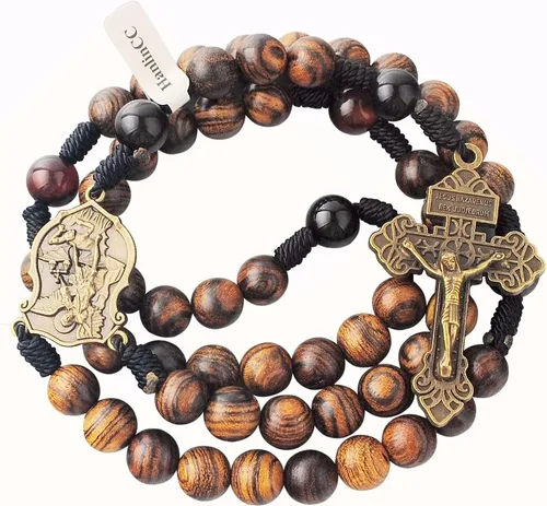 Miniatura 8 de HanlinCC Cuentas de madera maciza hechas a mano de 0.394 pulgadas con piedra de ágata, collar de rosario católico para hombres con pieza central