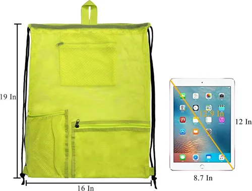 Miniatura 4 de Bolsa de malla con cordón resistente, mochila de gimnasio con soporte para botellas para bolas, natación, juguetes de playa, Amarillo claro, Deportes