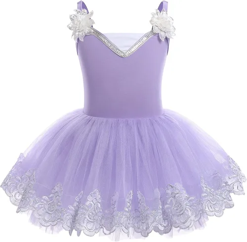 ODASDO Leotardo de ballet para niñas, camisola, faldas tutú, lentejuelas brillantes, bordado de flores, vestido de baile, traje de gimnasia