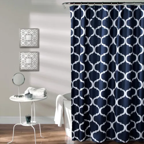 Lush Decor Geo - Cortina de ducha individual de 72 pulgadas de ancho x 72 pulgadas de largo, color azul marino, cortinas de ducha enrejadas para