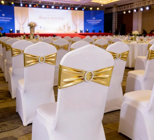 Miniatura 5 de Bandas para silla de elastano metálico dorado para boda, paquete de 100 bandas para silla con hebilla, lazos dorados para sillas doradas, lazos