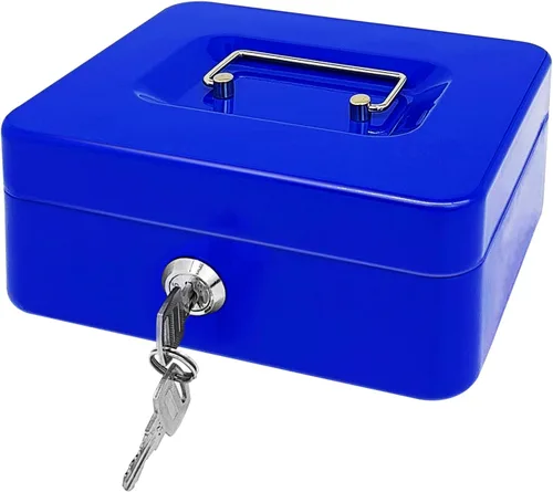 Miniatura 20 de Caja de efectivo de acero con cerradura de llave, organizador de dinero pequeño de metal con bandeja para dinero, caja de almacenamiento de efectivo