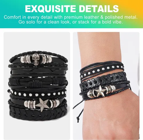 Miniatura 6 de Paquete de 6 pulseras punk góticas y emo, pulseras ajustables de cuero con tachuelas