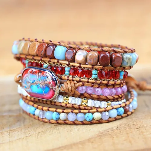 Miniatura 2 de ZOSOJONA Pulsera envolvente para mujer, estilo bohemio, con cuentas de cristal de jaspe natural, Cuero, Ágata