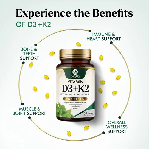 Miniatura 5 de Vitamina D3 K2 - Vitamina D3 4000 UI por cápsula blanda - Suplemento de vitamina D3 de alta potencia - Complejo 2 en 1 Vitamina D y vitamina K2