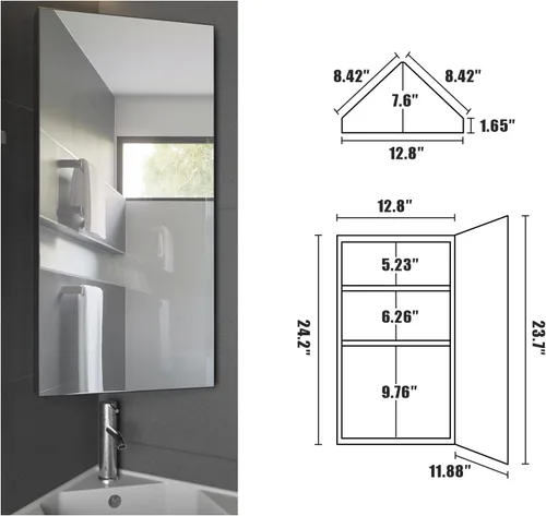 Miniatura 3 de eclife Armario de medicina de esquina de baño de 24 pulgadas con espejo, gabinete de espejo de pared negro de una sola puerta, gabinete