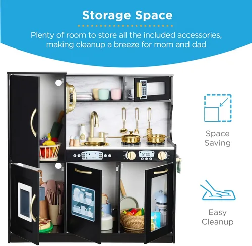 Miniatura 6 de Best Choice Products Juego de juguetes de madera para niños con diseño realista, teléfono, utensilios, horno, microondas, fregadero - negro