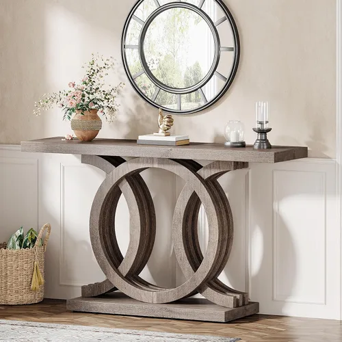 Miniatura 7 de Tribesigns Mesa consola de 55 pulgadas con base de madera geométrica, mesa de entrada moderna con mesa gruesa para sala de estar, pasillo, Marrón