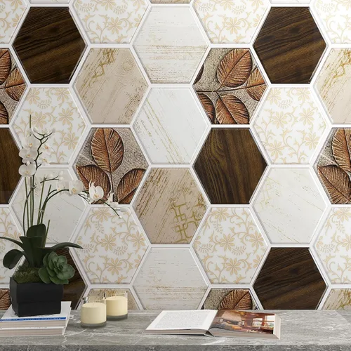 Miniatura 4 de FunStick 15 hojas de azulejos hexagonales para cocina, baño, azulejos de pared de 12 x 12 pulgadas, de madera bohemia, aptos para inquilinos