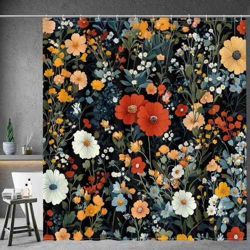 Aimego Cortina de ducha floral negra – Coloridas flores rojas oscuras, plantas primaverales, bohemio, elegante, hojas botánicas, juego de cortina de