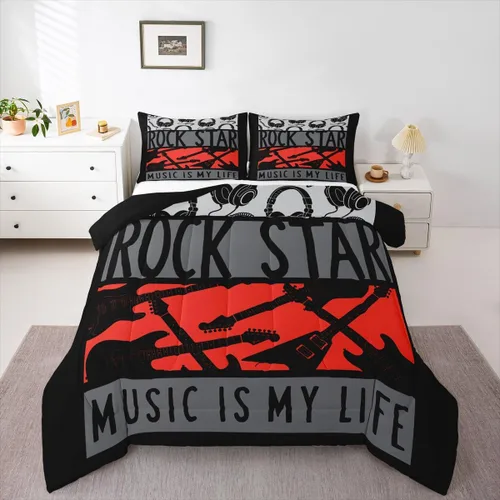 Miniatura 14 de Juego de ropa de cama de guitarra, tamaño individual para niños y niñas, juego de edredón con teclados de piano, temática musical, inserto