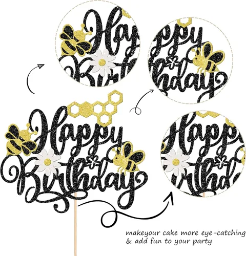 Miniatura 2 de 1 decoración para pastel de cumpleaños con purpurina de panal de abeja y flores, selección de pastel de feliz día para baby shower, suministros