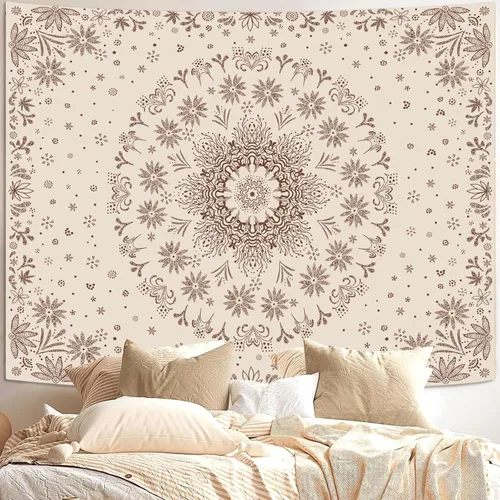 Miniatura 15 de Fowocu Tapiz bohemio con mandala floral para colgar en la pared, medallón de flores bohemias, tapiz estético, beige, naranja, hippie, indio, pequeño