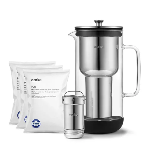Miniatura 10 de Aarke Purificador - Jarra de filtro de agua de vidrio y acero inoxidable de alta calidad, sistema de filtro recargable y gránulos, jarra de 2.8 L