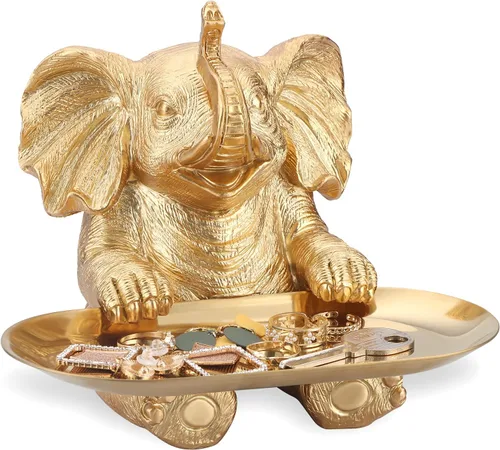 Estatua de Elefante Dorado para Acentos de Decoración del Hogar Sala de Estar Estantería Soporte de TV Oficina. Plato para Baratijas. Regalo de