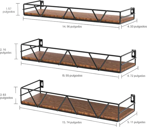 Miniatura 3 de Amaoot Juego de 3 estantes flotantes, estante de pared de madera para el hogar, estante de granja para dormitorio, estante flotante montado