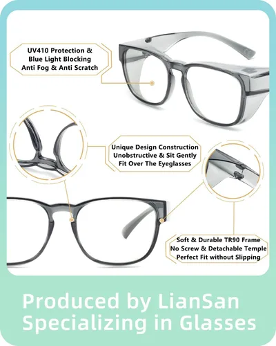 Miniatura 7 de LianSan Gafas de seguridad sobre anteojos para mujer, gafas antivaho que se ajustan sobre las gafas para certificación ANSI Z87.1 Gris claro