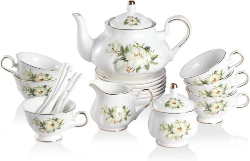 Sweejar Juego de té de porcelana vintage floral, juego de taza y platillo con borde dorado de alivio británico, juegos de té de 22 piezas para
