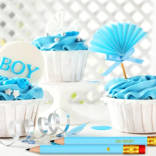 Miniatura 6 de Crtiin 50 lápices de baby shower para actividades, mini golf, medio lápices, preafilados con borradores, 4 pulgadas (azul, estilo niño)
