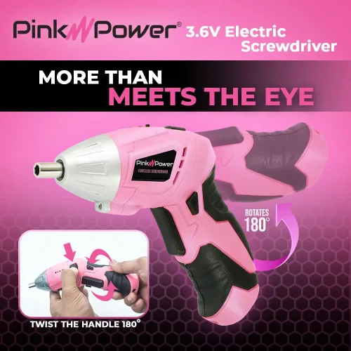 Miniatura 4 de Pink Power PP481, Juego de desarmador eléctrico inalámbrico de 4.8 voltios para mujeres con cargador y brocas