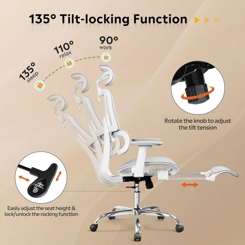 Miniatura 7 de Silla de escritorio ergonómica de malla DEVAISE con reposapiés, resistente, respaldo alto reclinable y giratoria, silla de oficina cómoda