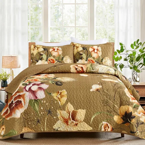 Miniatura 15 de Juego de colcha floral tamaño Queen de 3 piezas, juego de colcha con estampado floral rojo suave de microfibra ligera, cubrecama acolchado negro
