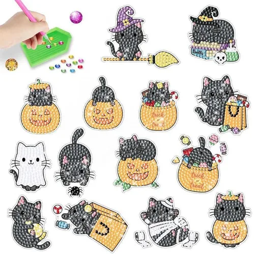 MEGZIHXN Kit de calcomanías artísticas de diamantes para niños, gato mágico, calabaza, gato, compras, caramelo, gato durmiendo en un libro, pintura