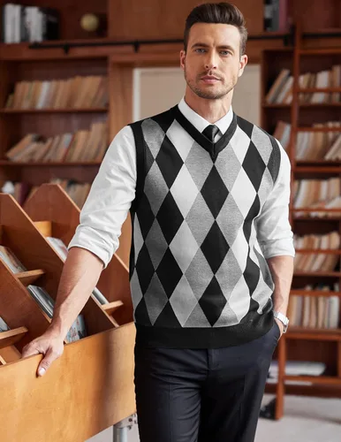 Miniatura 2 de COOFANDY Suéter sin mangas con cuello en V para hombre, ajustado, informal, con rombos