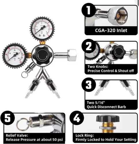 Miniatura 4 de TMCRAFT Kit de torre Kegerator, kit de conversión de cerveza de doble toque, torre de cerveza de acero inoxidable con regulador CGA-320 de doble