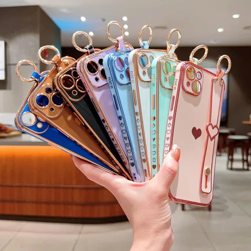 Miniatura 5 de DEFBSC Funda compatible con iPhone 15, con borde galvanizado, diseño de corazón con correa para la muñeca, protección completa de la cámara