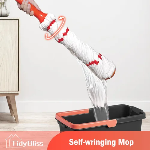 Miniatura 2 de TidyBliss Trapeador giratorio para limpieza de suelos, 57.5 pulgadas de largo con mango de algodón con escurridor, mopa húmeda de microfibra lavable