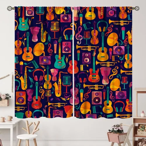 Miniatura 11 de Cortinas de notas musicales, rústicas, mágicas, notas musicales, arte retro, piano y violín, cortina con bolsillo para barra para dormitorio, sala