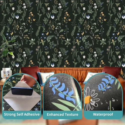 Miniatura 4 de Papel tapiz para despegar y pegar, papel tapiz floral bohemio de 17.5 x 78.7 pulgadas para dormitorio y baño, fácil de despegar, apto para inquilinos