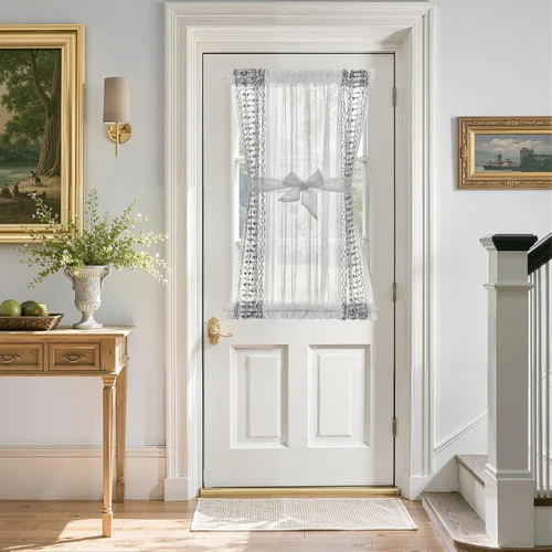 Miniatura 30 de jinchan Cortina de puerta francesa semitransparente con lazos de amarre, cortina de privacidad de gasa bordada floral para puerta de patio, armario