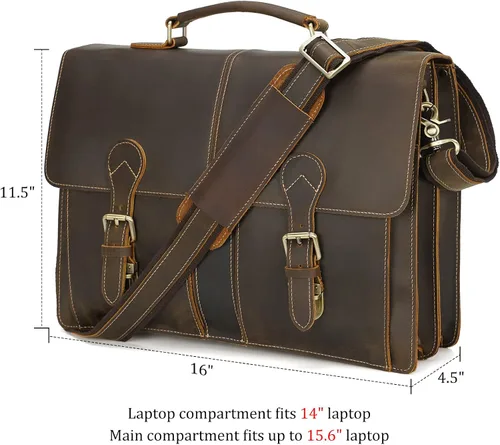 Miniatura 4 de Polare - Bolsa de mensajero de cuero de grano completo de 16 pulgadas para computadora portátil, bolsa de trabajo profesional para hombres