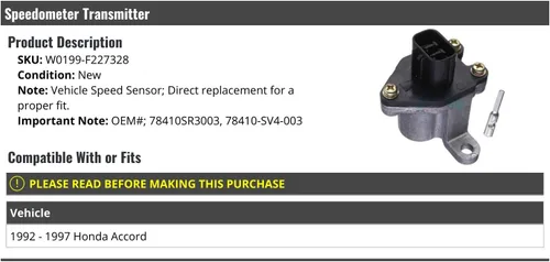 Marketplace Auto Parts Sensor de velocidad del vehículoTransmisor de velocímetro, compatible con Honda Accord 1992-1997, W0199-F227328