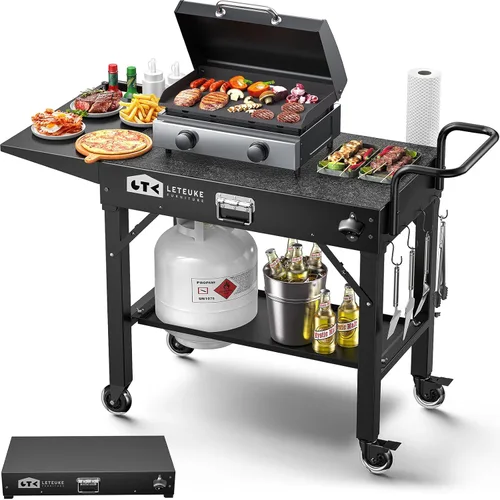 Carro para parrilla Leteuke para Blackstone, mesa de parrilla portátil al aire libre, carro plegable con ruedas para Ninja, soporte para parrilla de