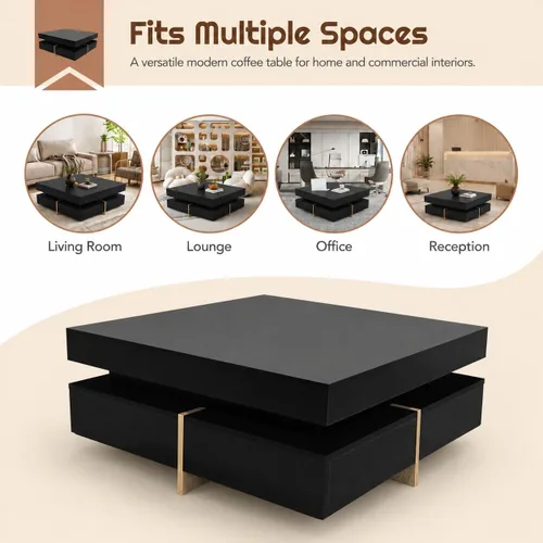 Miniatura 9 de Mesa de centro moderna con almacenamiento, mesa de centro cuadrada contemporánea con cajones, mesa central moderna de alto brillo para sala de Negro