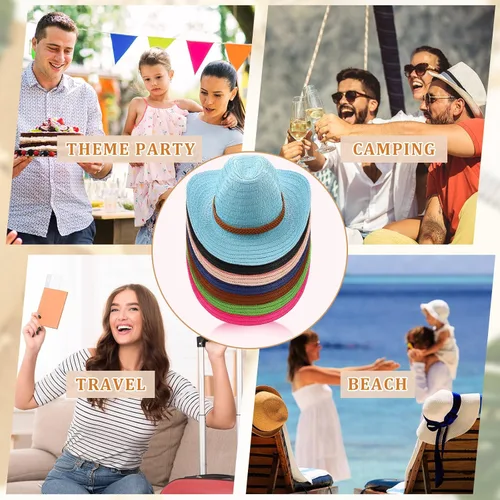 Miniatura 7 de Suhine 15 sombreros de vaquero de paja para hombres y mujeres, coloridos sombreros de fiesta occidental a granel, protección solar a granel, vaquera
