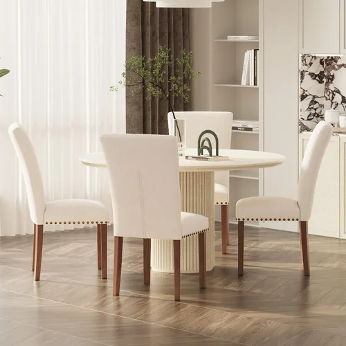 Miniatura 16 de Juego de 2 sillas de comedor de granja, respaldo alto con patas de madera y ribete de cabeza de clavo, silla de comedor de tela moderna