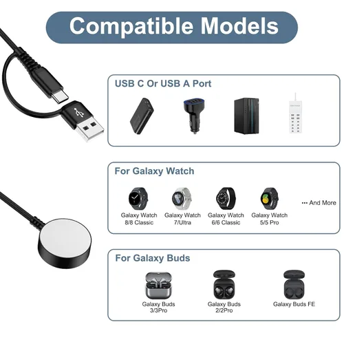 Miniatura 6 de Cable magnético de carga rápida para Samsung Watch 8/8 Classic/7/Ultra/6/6/5 Pro/5/4/4 Classic/3/Active 2/1, cargador de reloj inteligente de 3.5 W