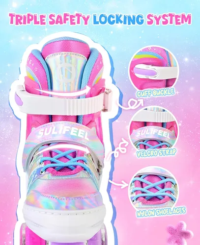 Miniatura 3 de SULIFEEL - Patines ajustables de estilo tie-dye arcoíris para niñas y niños de 3 a 5 años, 5 a 8 años, 6 a 12 años, rosa y morado, con luces