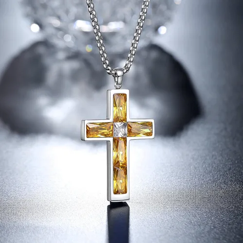 Miniatura 62 de Collar de cruz para hombre, piedras preciosas de color piedra natal de circonita cúbica, collar de acero inoxidable para hombre, cadena de 24