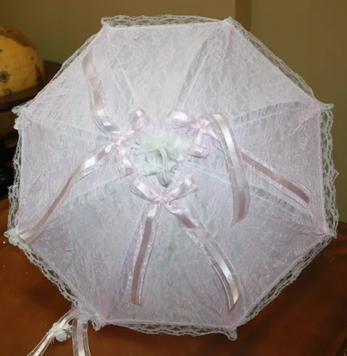 Miniatura 4 de Encaje paraguas parasol rosa de, novia o el bebé ducha con lazos y flores22inches