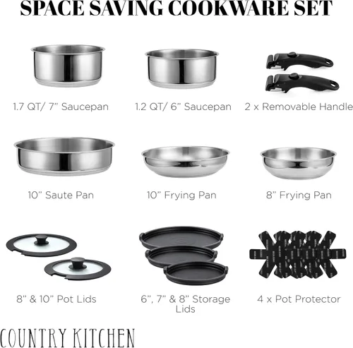 Miniatura 2 de Country Kitchen Juego de utensilios de cocina con mango extraíble, juego de ollas y sartenes aptas para horno y caravana, acero inoxidable, original