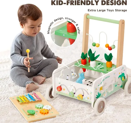 Miniatura 6 de Andador de madera para bebés, caminador de empuje para bebés, caminador de bebé de velocidad ajustable con rueda, centro de actividades para niños